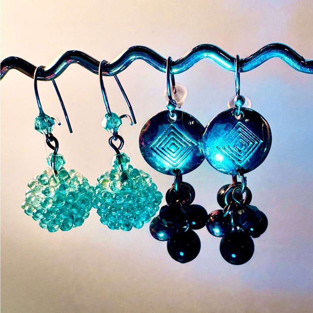Earrings Pierced Handcrafted Unique Aqua Bumpy Sphere & Sterling Silver Discs